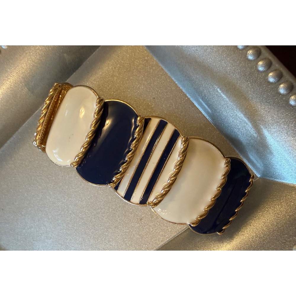 VTG Nautical Navy Blue Cream Enamel Gold Tone Striped Stretch Statement Bracelet